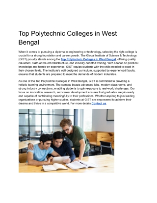 Top Polytechnic Colleges in West Bengal