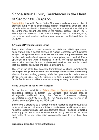 Sobha Altus Luxury Residences in the Heart of Sector 106, Gurgaon