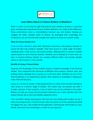 Learn More About in Finance Brokers in Blackburn