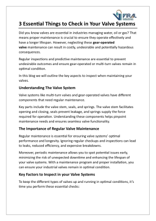 3 Essential Things to Check in Your Valve Systems