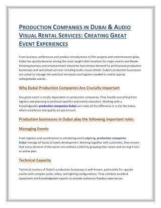 PRODUCTION COMPANIES IN DUBAI & AUDIO VISUAL RENTAL SERVICES: CREATING GREAT EVE