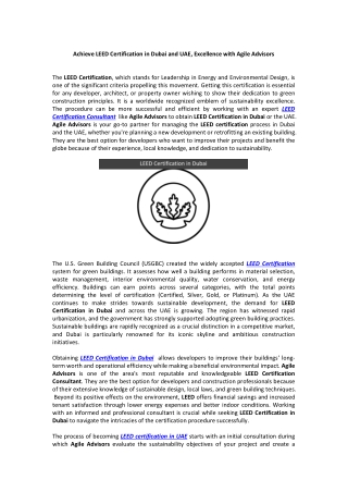 Achieve LEED Certification in Dubai and UAE, Excellence with Agile Advisors