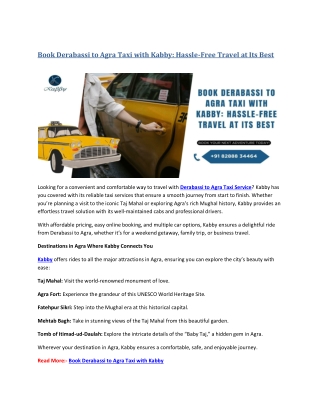 Book Derabassi to Agra Taxi with Kabby