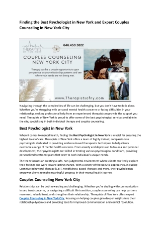 Finding the Best Psychologist in New York and Expert Couples Counseling in New York City