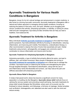 Ayurvedic Treatments for Various Health Conditions in Bangalore