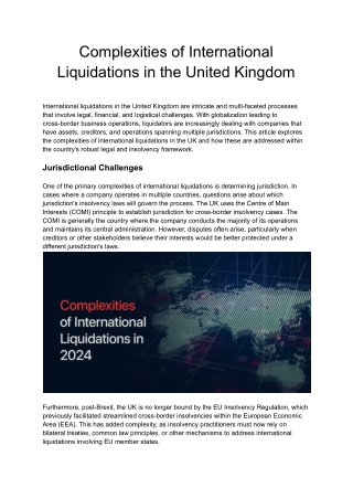 Complexities of International Liquidations in the United Kingdom