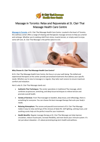 Massage in Toronto: Relax and Rejuvenate at St. Clair Thai Massage Health Care