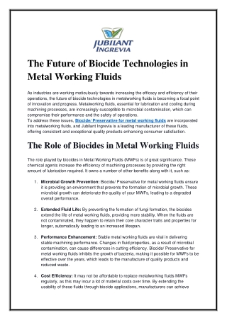 The Future of Biocide Technologies in Metal Working Fluids