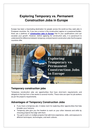 Exploring Temporary vs. Permanent Construction Jobs in Europe