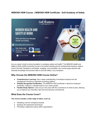NEBOSH HSW Course  | NEBOSH HSW Certificate - Gulf Academy of Safety