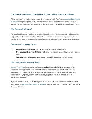 The Benefits of Speedy Funds Now's Personalized Loans in Indiana