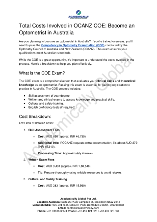 Total Costs Involved in OCANZ COE: Become an Optometrist in Australia