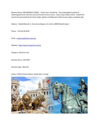 FOR SPANISH CITIZENS -   Online Visa  eVisaPrime - The trusted global method of