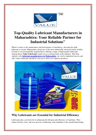 Top-Quality Lubricant Manufacturers in Maharashtra: Your Reliable Partner for In