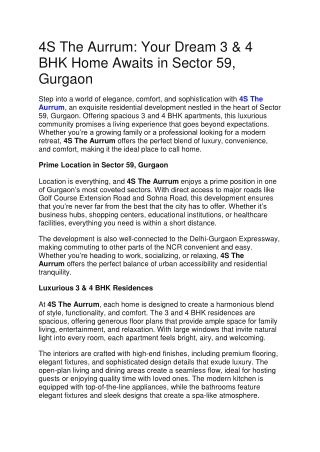 4S The Aurrum  Your Dream 3 & 4 BHK Home Awaits in Sector 59, Gurgaon