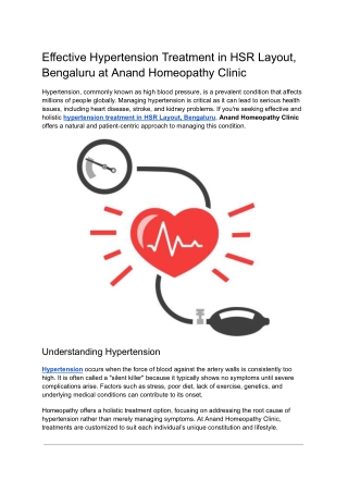 Effective Hypertension Treatment in HSR Layout, Bengaluru at Anand Homeopathy Clinic