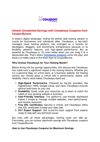 Unlock Unmatched Savings with Cloudways Coupons from CouponBunnie