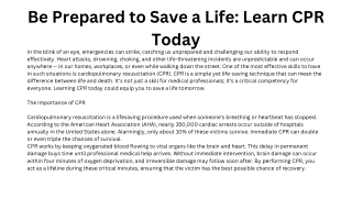 Be Prepared to Save a Life: Learn CPR Today