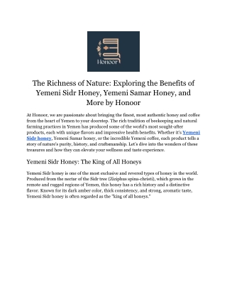 The Richness of Nature_ Exploring the Benefits of Yemeni Sidr Honey, Yemeni Samar Honey, and More by Honoor