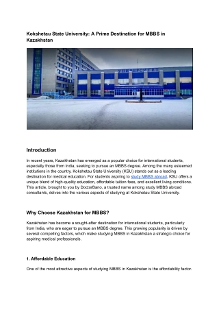 Kokshetau State University: A Prime Destination for MBBS in Kazakhstan