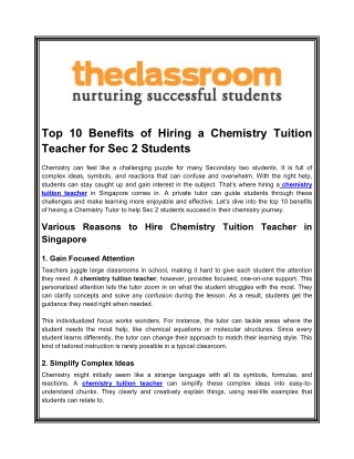 Top 10 Benefits of Hiring a Chemistry Tuition Teacher for Sec 2 Students