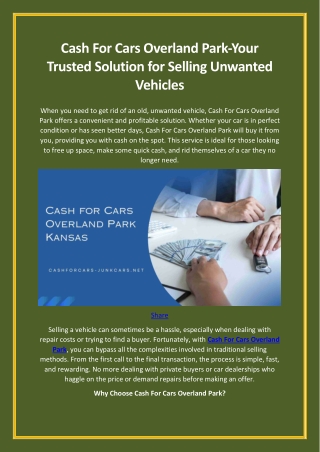 Cash For Cars Overland Park-Your Trusted Solution for Selling Unwanted Vehicles