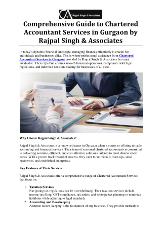 Chartered Accountant Services in Gurgaon by Rajpal Singh & Associates