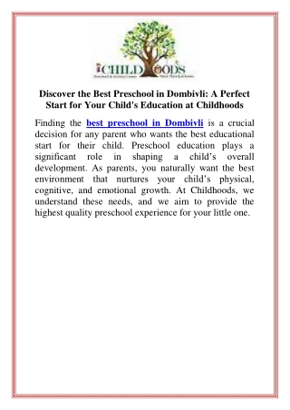 Discover the Best Preschool in Dombivli A Perfect Start for Your Child's Education at Childhoods