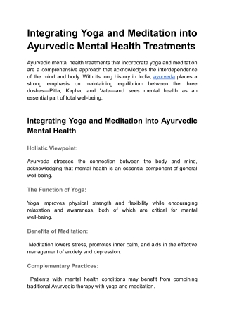 Integrating Yoga and Meditation into Ayurvedic Mental Health Treatments