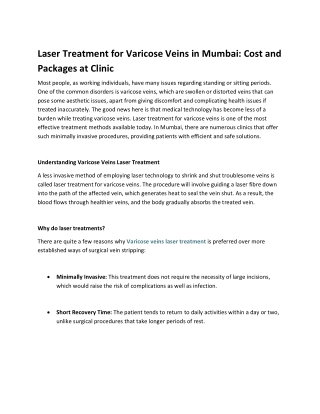 Laser Treatment for Varicose Veins in Mumbai Cost and Packages at Clinic