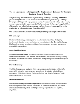 Choose a secure and scalable partner for Cryptocurrency Exchange Development Solutions - Security Tokenizer