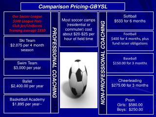 Our Soccer League $100 League Fees Club fee/Uniforms Training average $350