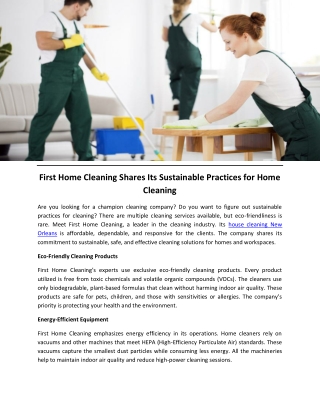 First Home Cleaning Shares Its Sustainable Practices for Home Cleaning