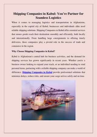 Shipping Companies in Kabul - You’re Partner for Seamless Logistics