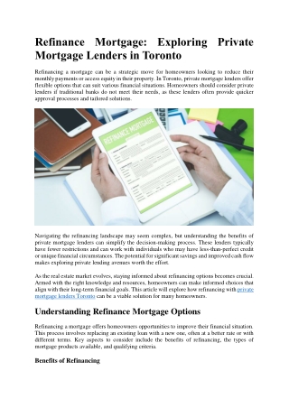 Refinance Mortgage  Exploring Private Mortgage Lenders in Toronto