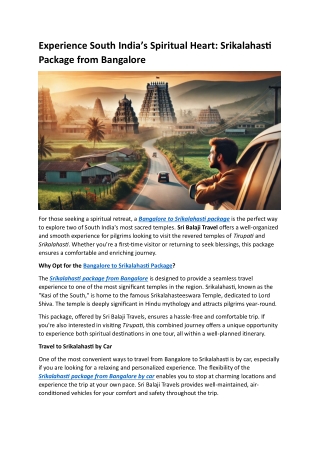 Experience South India’s Spiritual Heart Srikalahasti Package from Bangalore