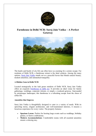 Saroj Jain Vatika: Discover the Perfect Farmhouse in Delhi NCR
