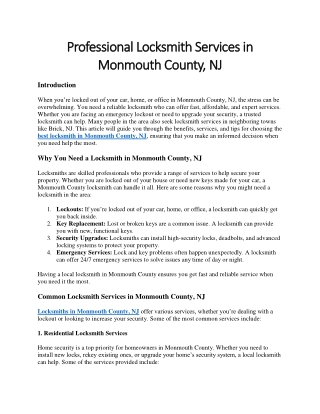 Professional Locksmith Services in Monmouth County NJ