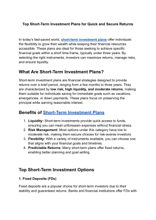 Top Short-Term Investment Plans for Quick and Secure Returns