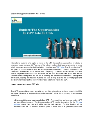 Explore The Opportunities In OPT Jobs In USA