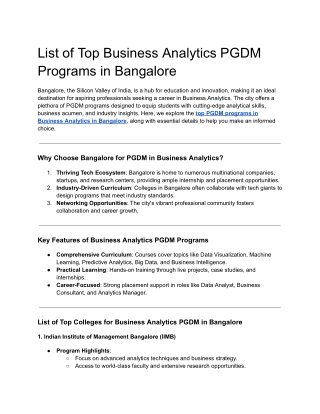 List of Top Business Analytics PGDM Programs in Bangalore