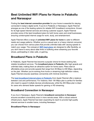 Best Unlimited WiFi Plans for Home in Palakollu and Narasapur