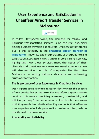 User Experience and Satisfaction in Chauffeur Airport Transfer Services in Melbo