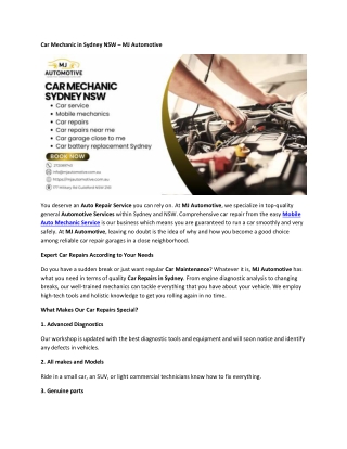 Car Mechanic in Sydney NSW – MJ Automotive