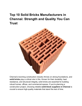 Top 10 Solid Bricks Manufacturers in Chennai: Strength and Quality You Can Trust