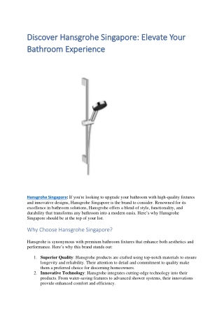 Discover Hansgrohe Singapore  Elevate Your Bathroom Experience