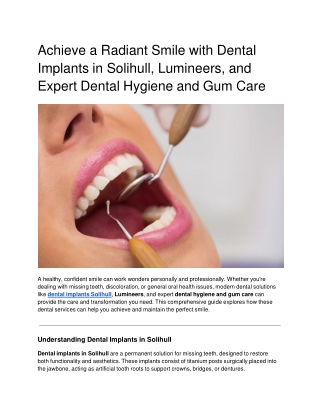 Achieve a Radiant Smile with Dental Implants in Solihull, Lumineers, and Expert Dental Hygiene and Gum Care