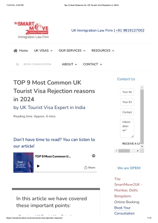 Top Critical Reasons for UK Tourist Visa Rejection in 2024