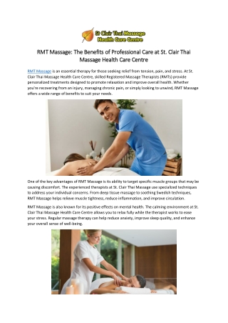 RMT Massage: The Benefits of Professional Care at St. Clair Thai Massage Health