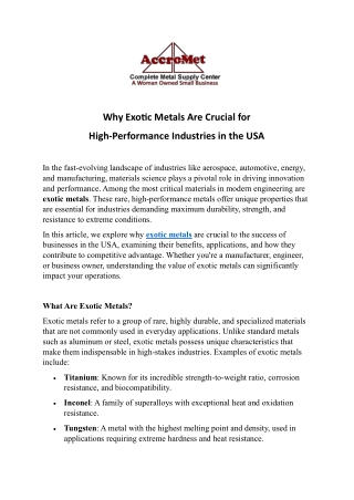 Why Exotic Metals Are Essential for Your Business  A Comprehensive Guide to High-Performance Materials